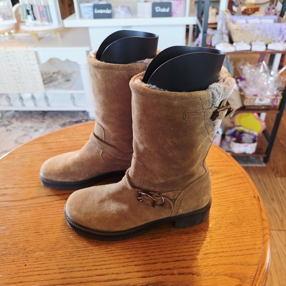 Cole Haan Tan Leather With Faux Fur Winter Boots Waterproof Shearling Lined - Picture 2 of 5